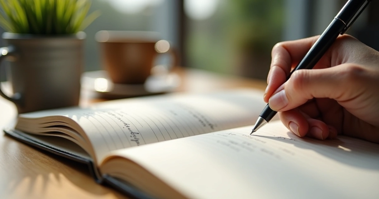 Pessoa escrevendo em diário de reflexão pessoal 