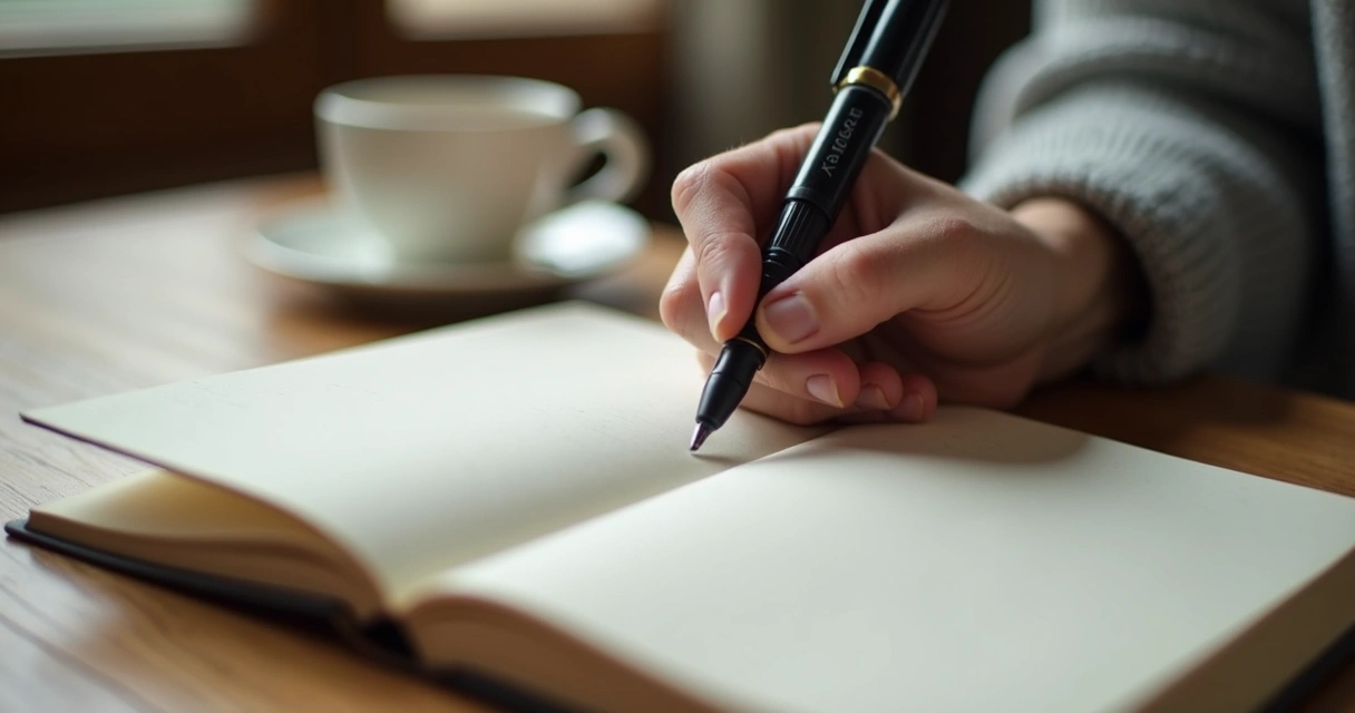 Mão escreve em diário aberto com caneta sobre mesa de madeira 