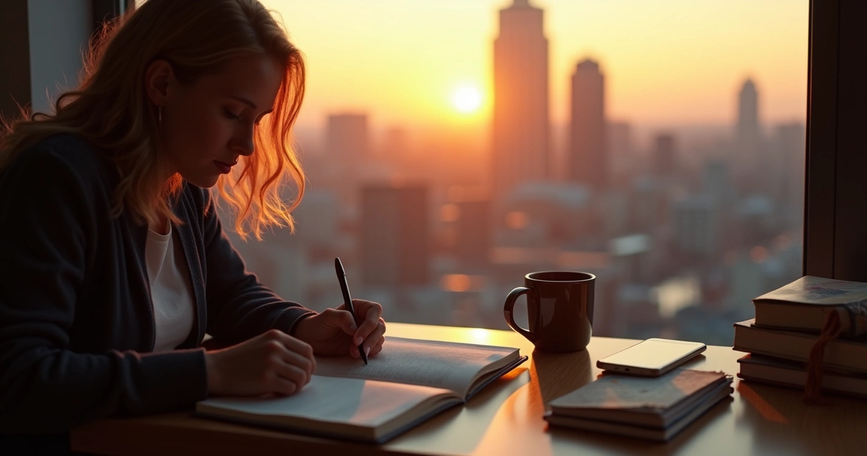 Pessoa escrevendo em diário ao pôr do sol