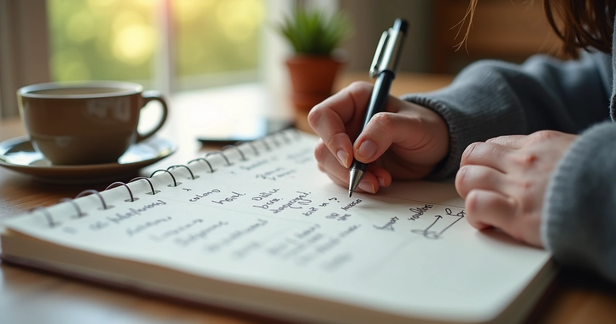 Pessoa escrevendo reflexões sobre relações em um caderno