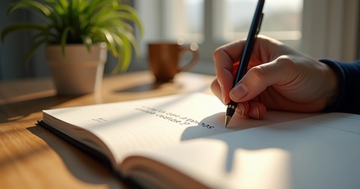 Pessoa escrevendo em diário aberto com pergunta sobre ética
