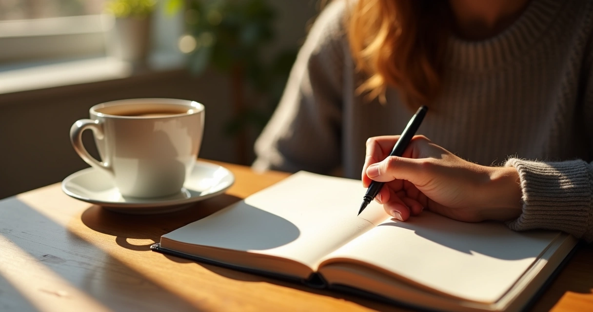 Persona escribiendo en un diario junto a una taza de café