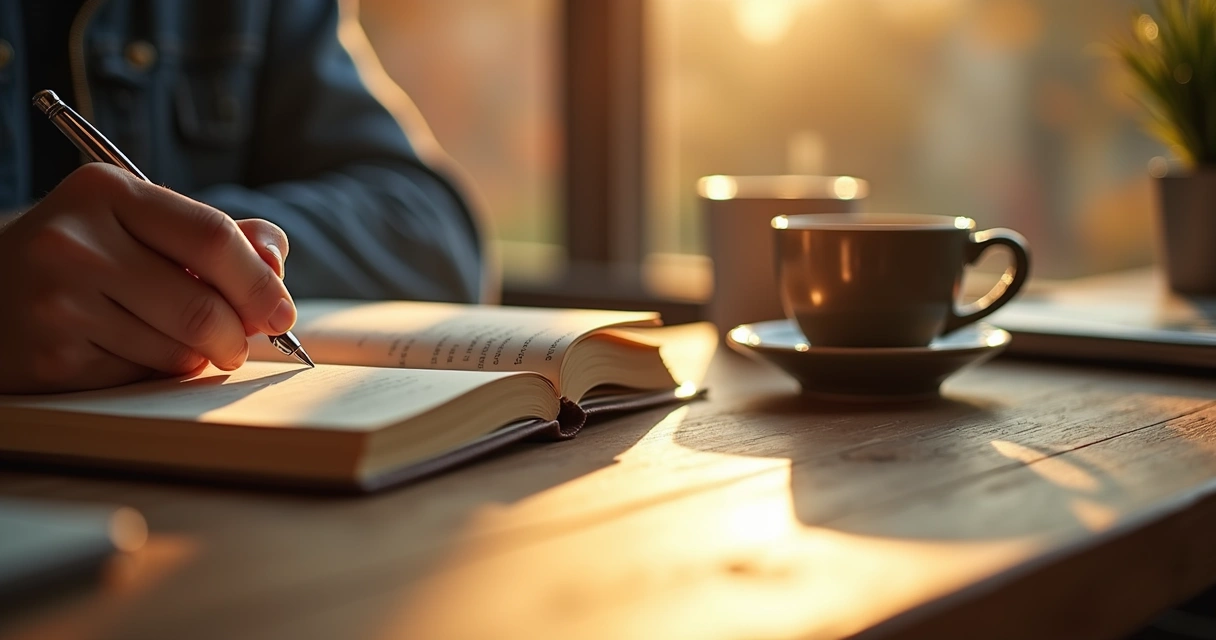 Mano escribiendo en diario junto a taza de café y luz suave 