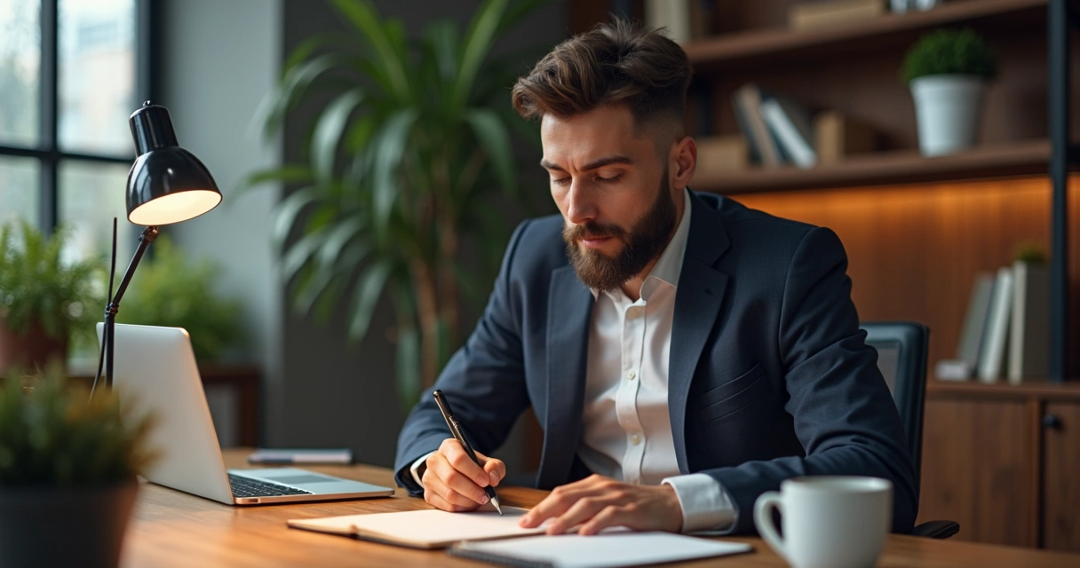 Directivo escribiendo en un diario personal, imagen en entorno de oficina 