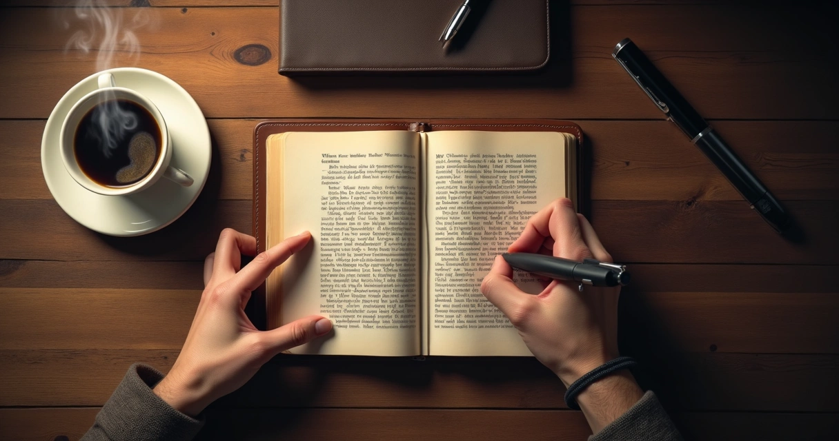 Manos de una persona escribiendo en un diario sobre una mesa de madera, con taza de café y bolígrafo al lado 