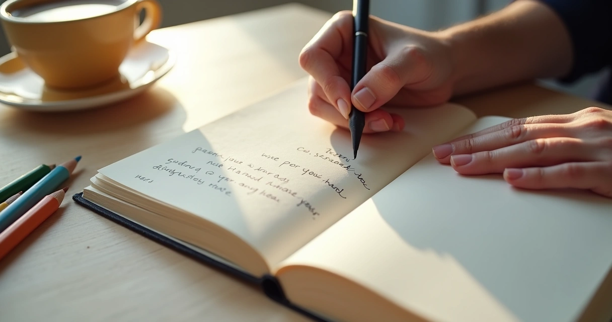 Manos escribiendo un diario de autorreflexión en una mesa de madera clara