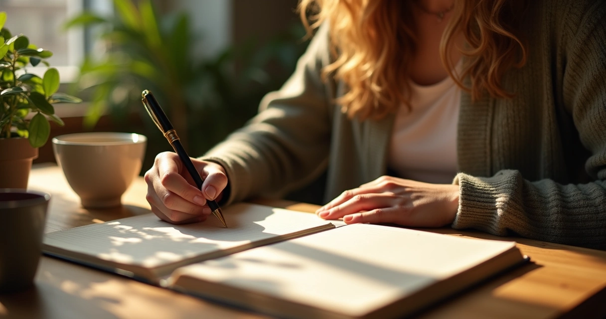 Persona anotando en un diario sobre una mesa, con luz tenue y ambiente tranquilo. 