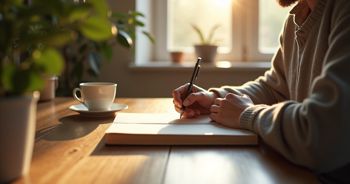 Persona escribiendo en un diario sobre una mesa de madera 