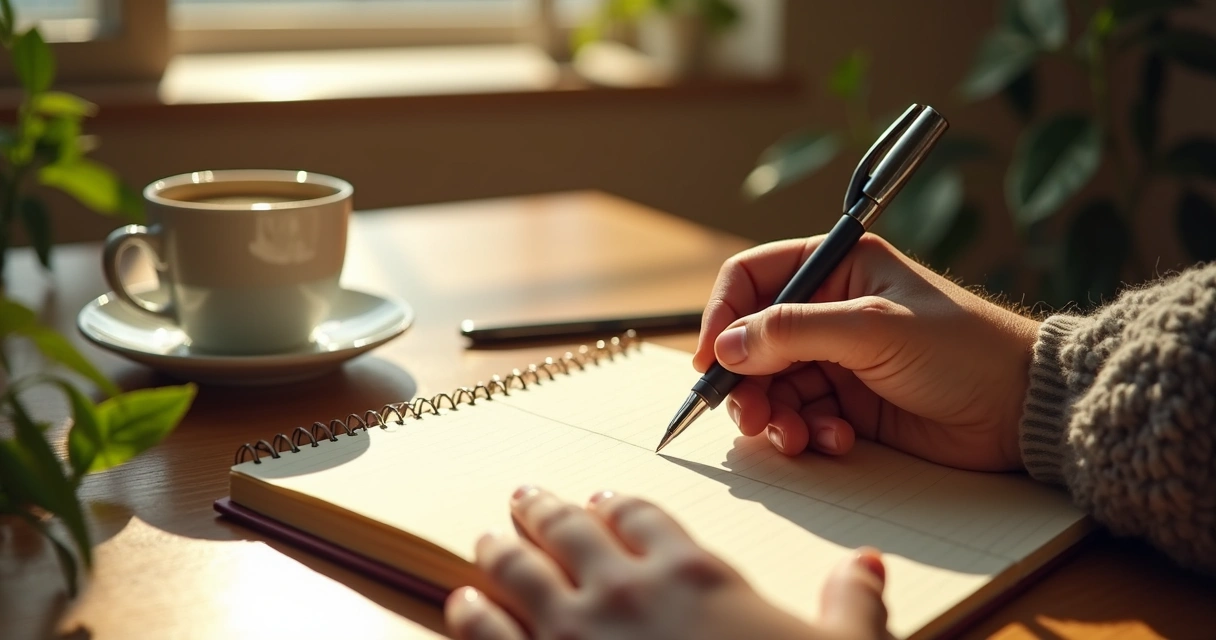 Mano escribiendo en un cuaderno junto a una taza de café, hojas y bolígrafo sobre una mesa de madera 