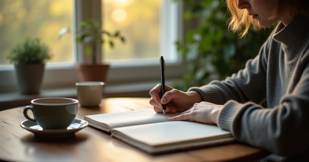 Persona escribiendo en un diario junto a una taza de té