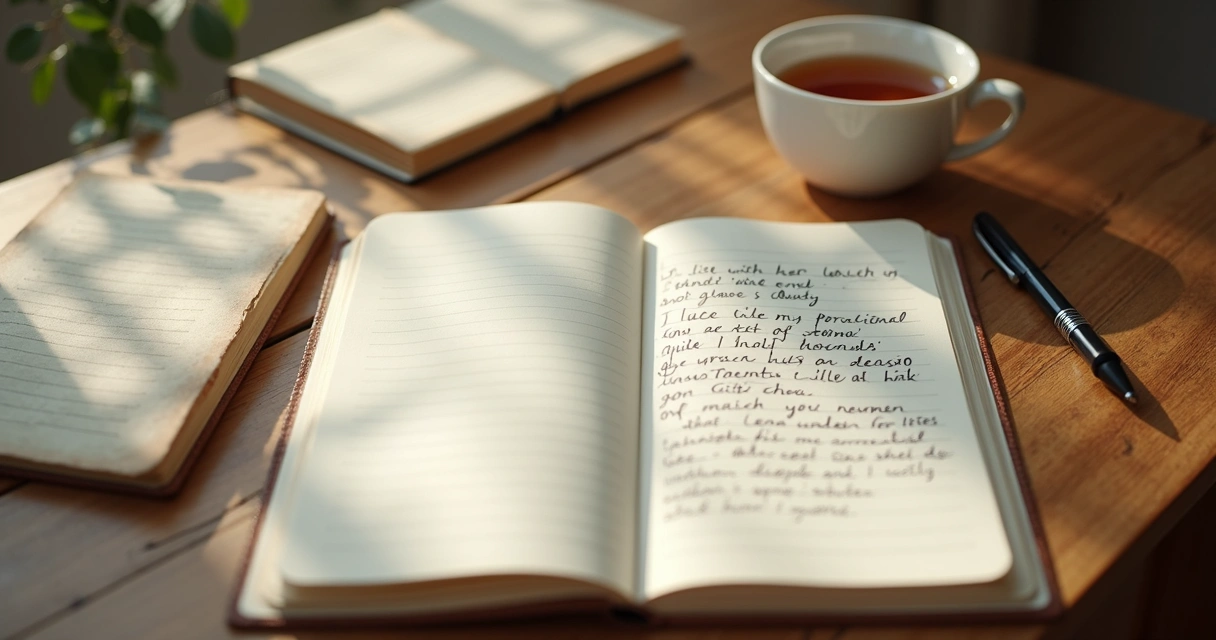 Cuaderno abierto con notas de reflexión y una taza de té
