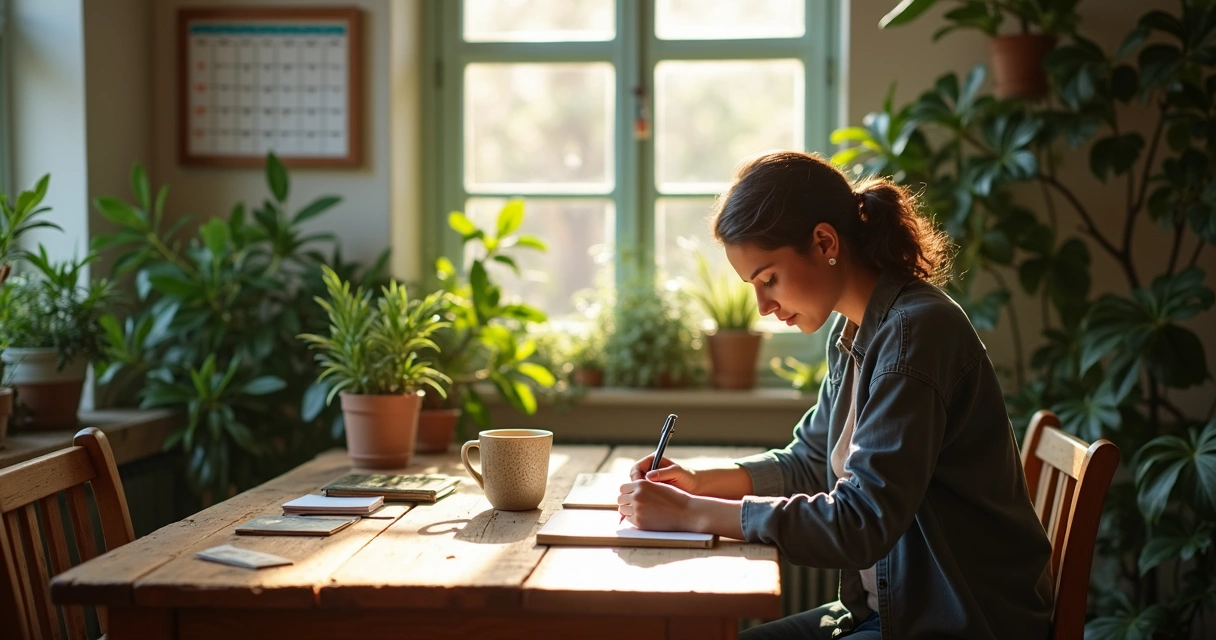 Persona escribiendo en diario, rodeada de plantas y luz suave