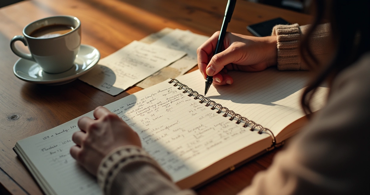 Persona escribiendo en su diario, mesa de madera, taza de café a un lado, ambiente cálido y tranquilo 