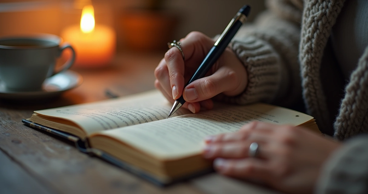 Mão escrevendo em diário sobre emoções, ambiente acolhedor com luzes baixas 