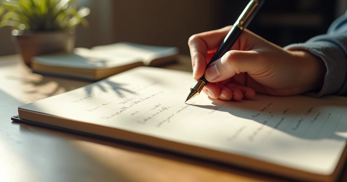 Mão escrevendo reflexões em um diário de papel 