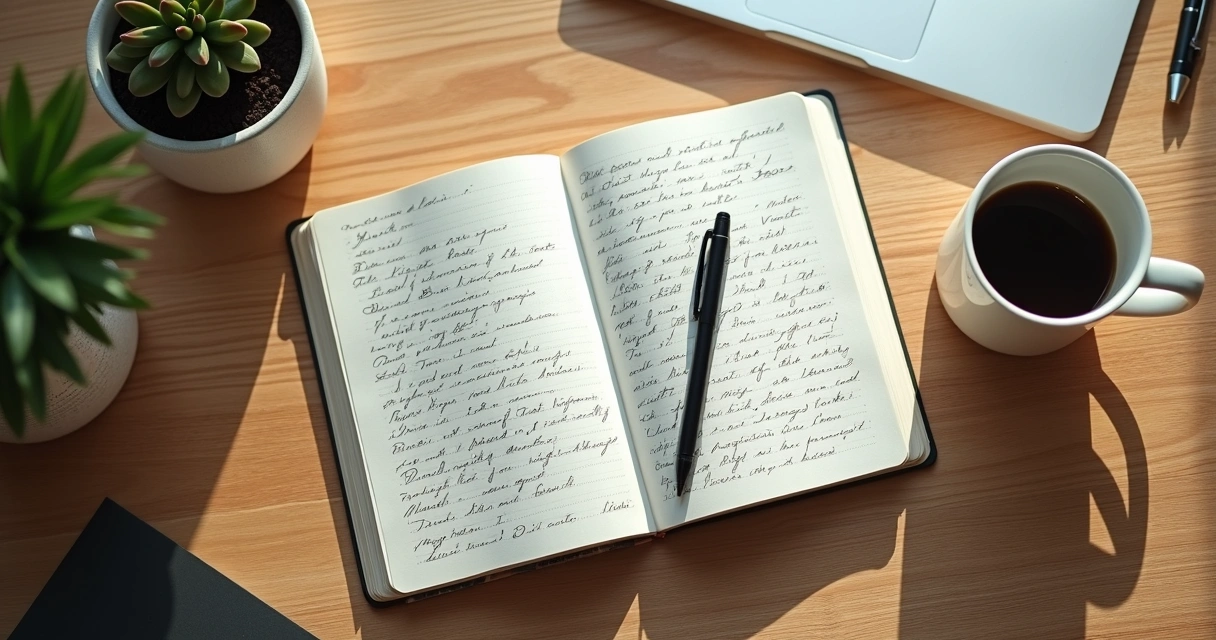 Cuaderno abierto con anotaciones y una taza en una mesa de madera 