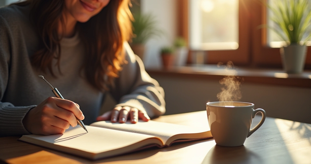 Pessoa escrevendo em diário com xícara de café ao lado 