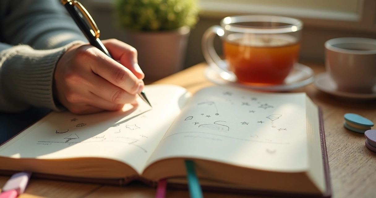 Pessoa escrevendo em diário de sonhos com luz suave matinal 