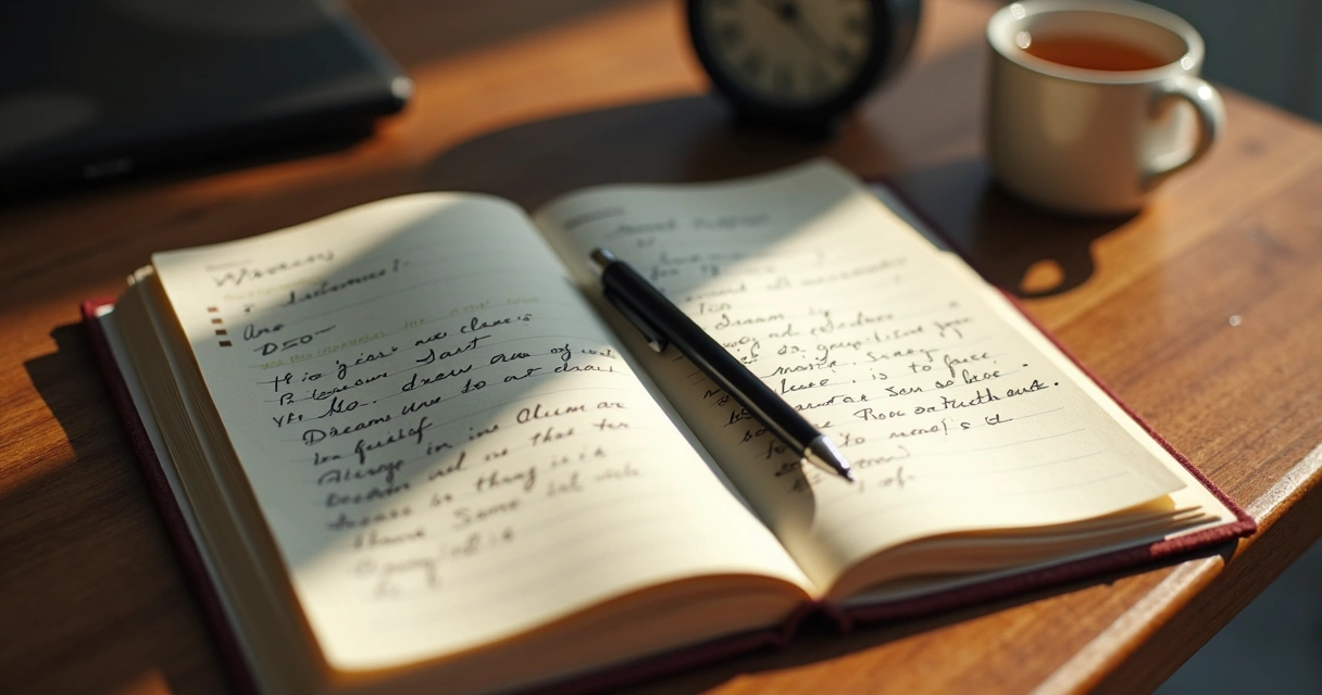Diário aberto com anotações sobre sonhos e uma caneta ao lado