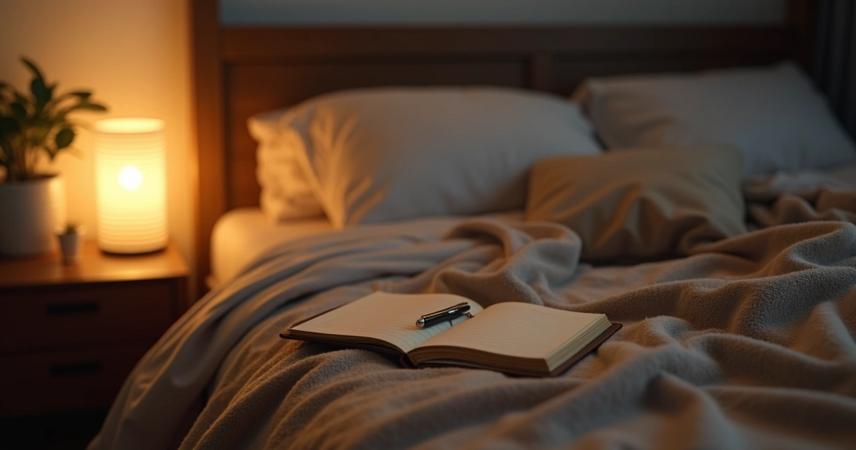Diário de sonhos sobre uma cama com abajur aceso 