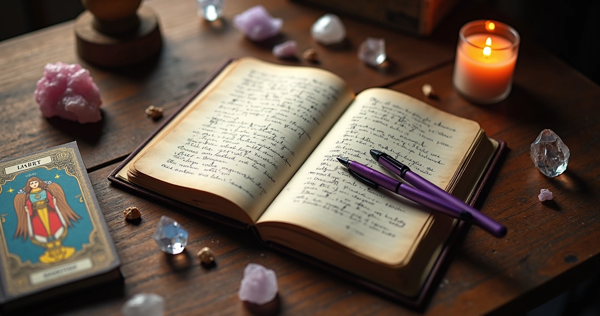 Mesa com caderno aberto, caneta, cristais e livro de espiritualidade 