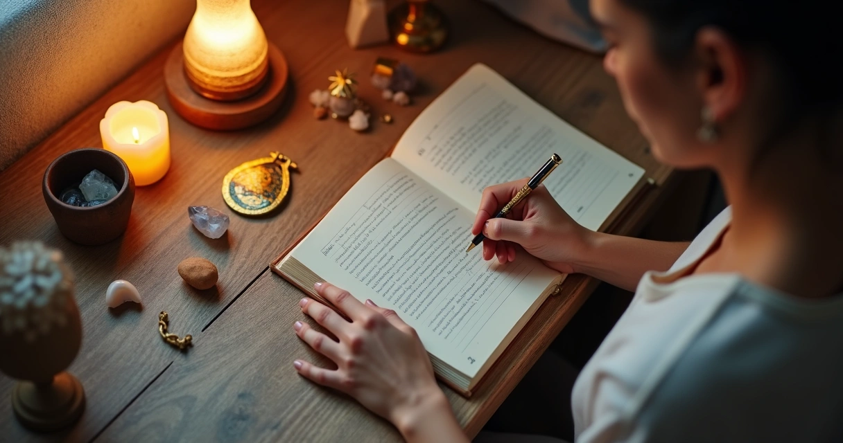 Pessoa escrevendo diário de sonhos ao lado de pedras e velas 