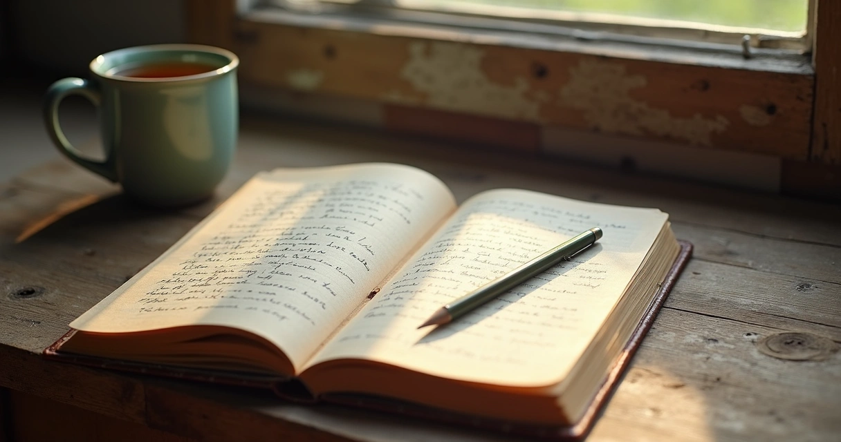 Diário de sonhos aberto ao lado de um lápis em uma mesa de madeira 