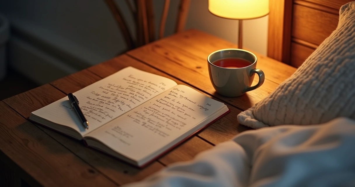 Diário de sonhos com anotações e caneta, ao lado da cama. 