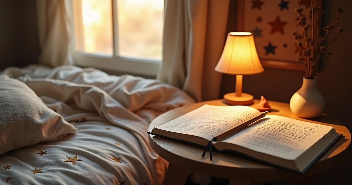 Caderno de anotações ao lado de uma cama com lápis e luz suave 