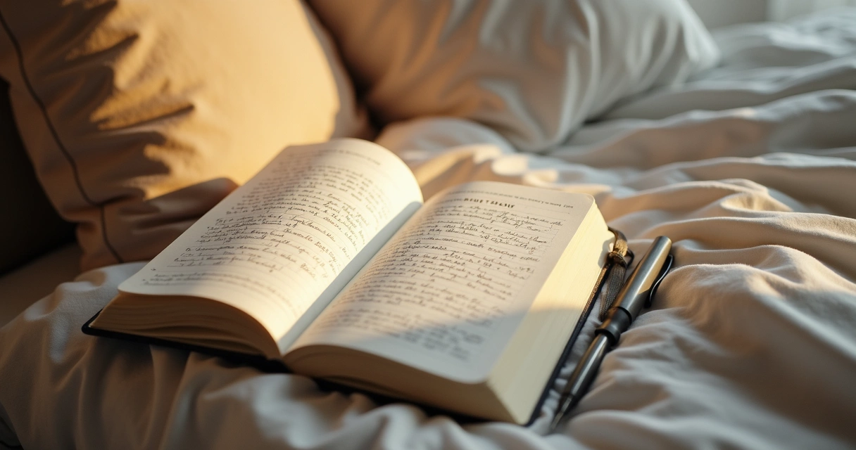 Cuaderno junto a cama con luz de mañana escribiendo sueños