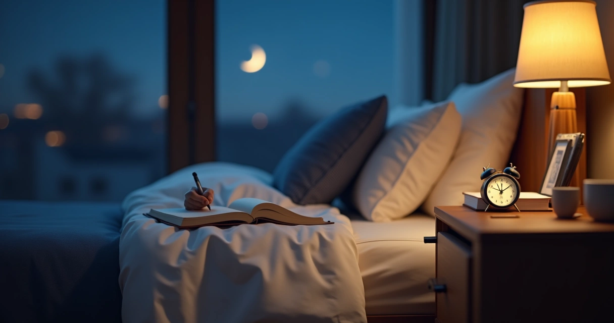 Persona escribiendo sueños en un diario sobre la mesita de noche 