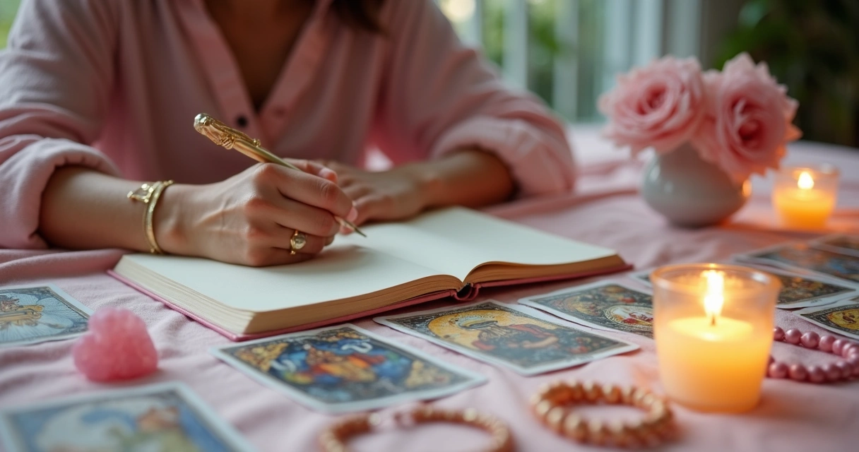 Mãos femininas escrevendo em diário de tarot amoroso 