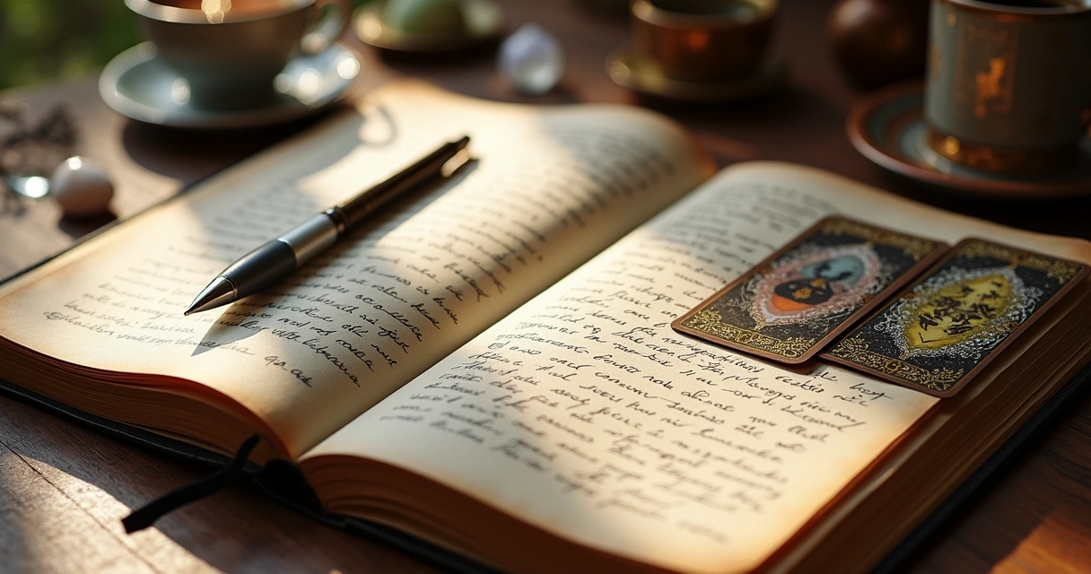 Diário com anotações de tarot e cartas ao lado 