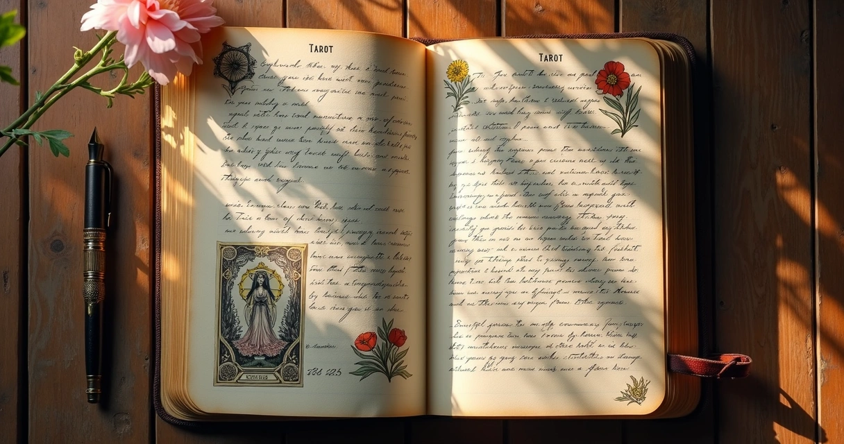 Diário de tarot manuscrito com caneta e flor ao lado 