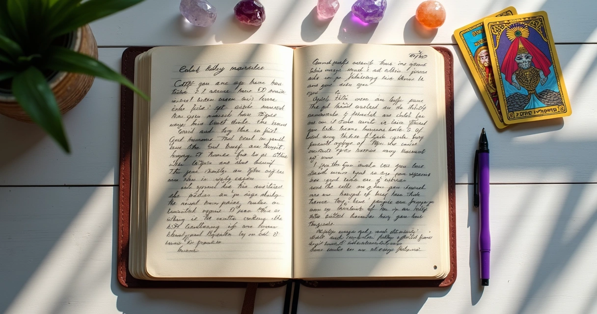 Caderno de anotações de tarot aberto ao lado de cartas e cristais