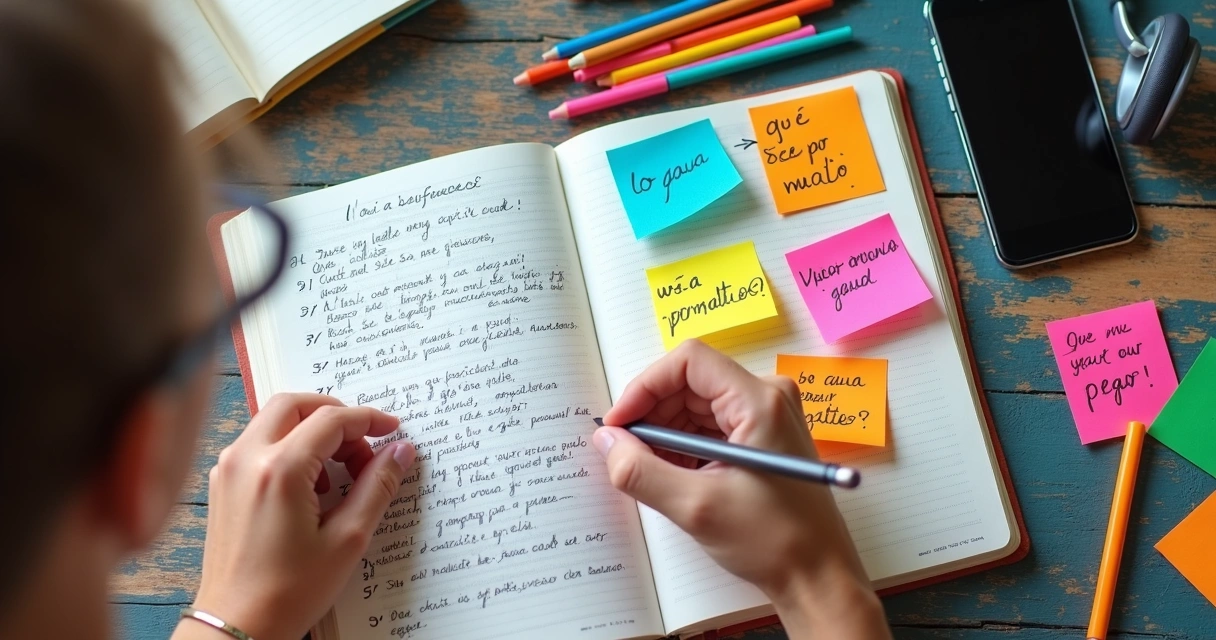 Pessoa escrevendo temas de reflexão em diário colorido com post-its