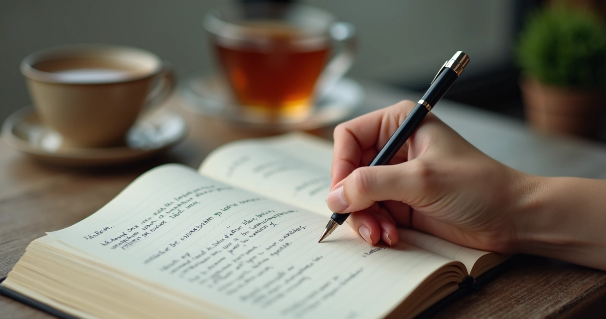 Mão escrevendo em diário sobre emoções e pensamentos 