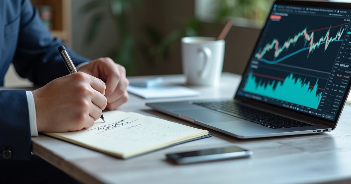 Trader escrevendo em diário ao lado de notebook com gráficos de operações. 