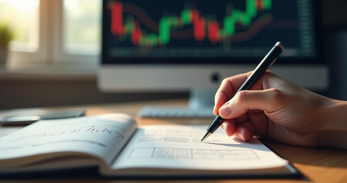 Pessoa escrevendo em um diário de trading com gráficos ao fundo 