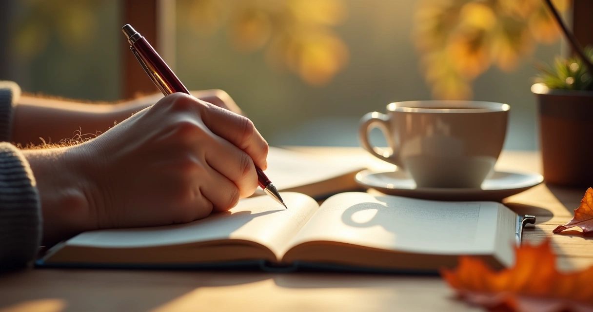 Mão escrevendo em diário próximo a folhas e xícara 