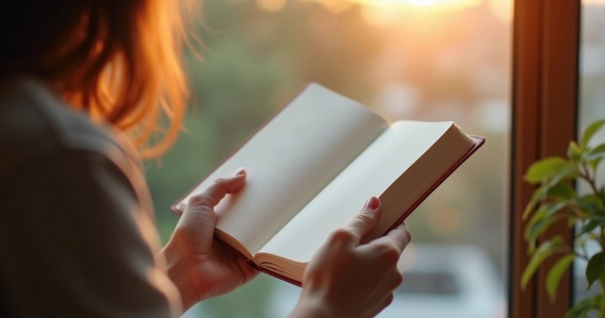 Mãos segurando diário aberto em branco na janela, luz suave de final de tarde 