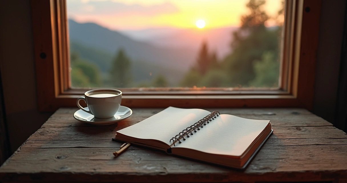 Diário ao lado de café, vista para paisagem natural 