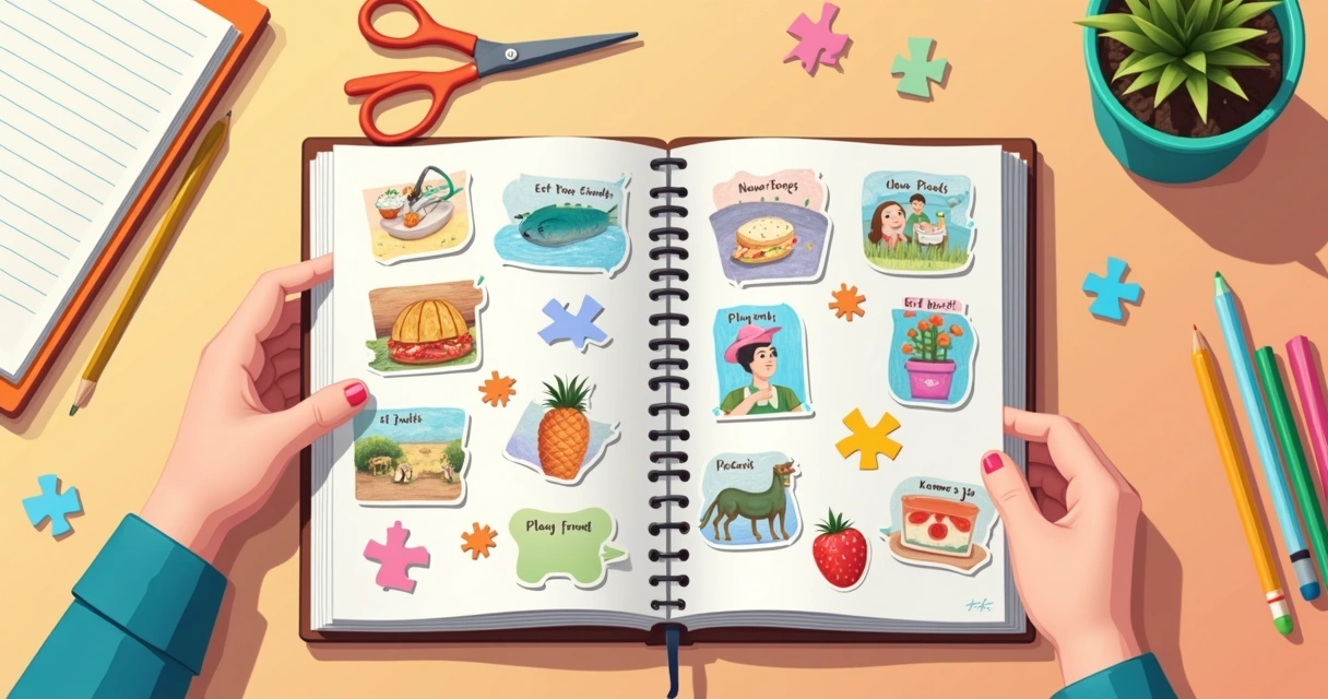 Diário visual com desenhos coloridos em um caderno aberto 