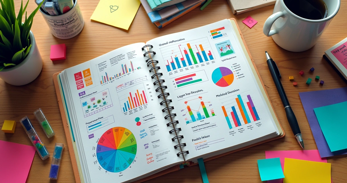 Página de diário de estudos com gráficos, desenhos e mapas mentais coloridos 