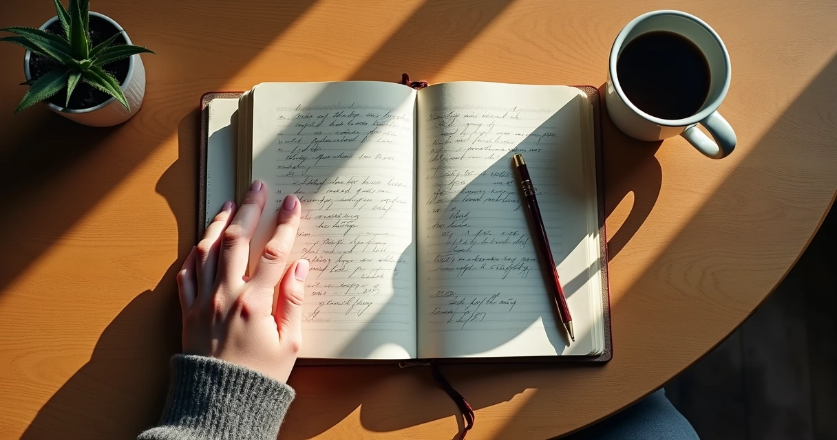Mãos escrevendo diário emocional em mesa de madeira, com caneca e planta ao lado