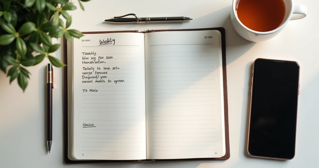Cuaderno abierto con plan semanal y taza de té sobre una mesa 