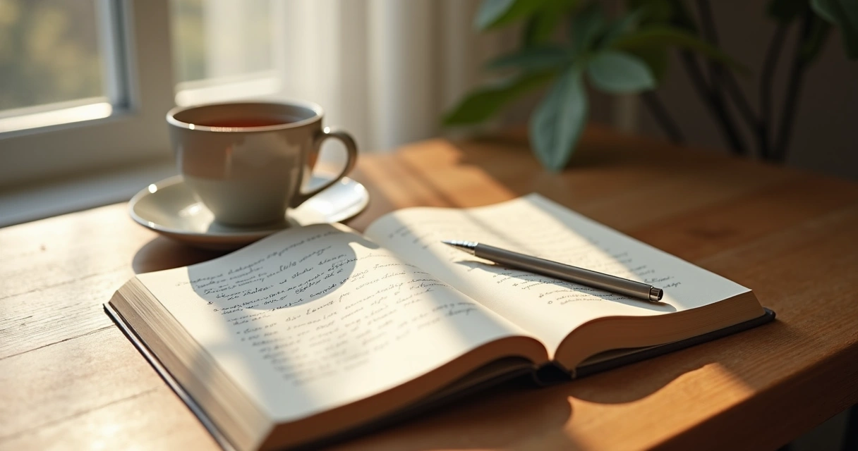 Cuaderno abierto junto a una taza y una ventana con luz suave 