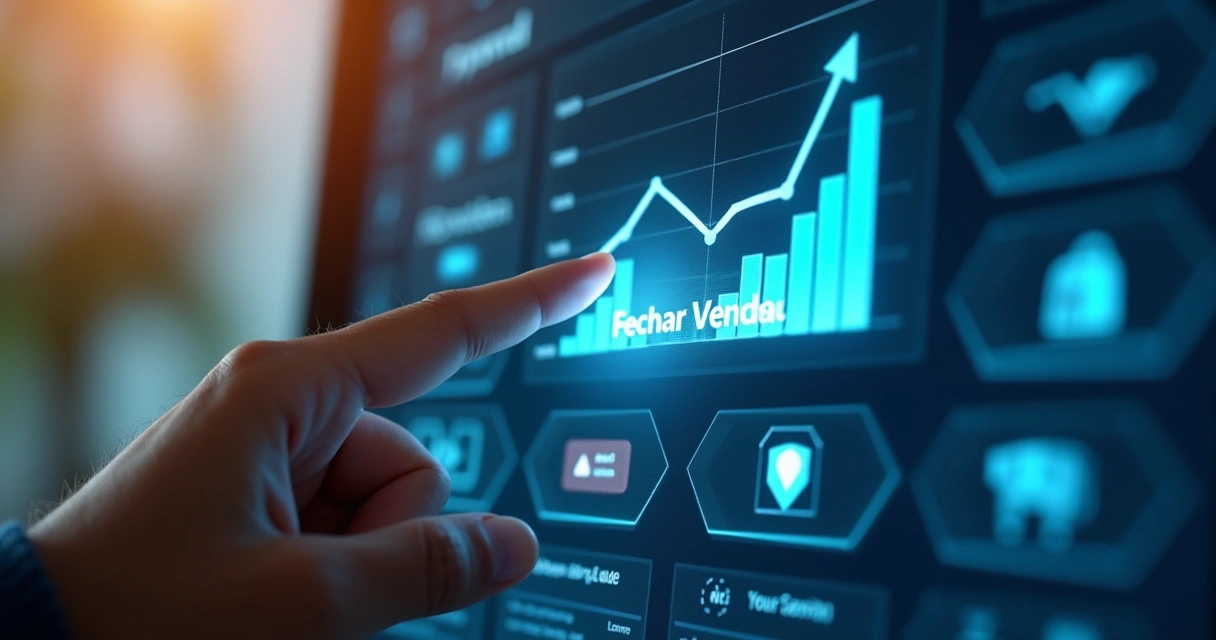 Pessoa tocando botão 'Fechar Venda' em tela, com gráfico subindo ao lado 