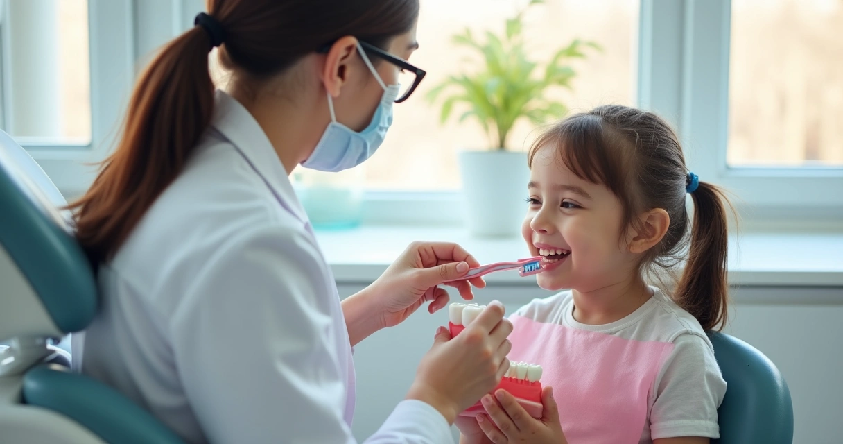 Dentista mostrando técnicas de escovação para criança, ambas sorrindo 