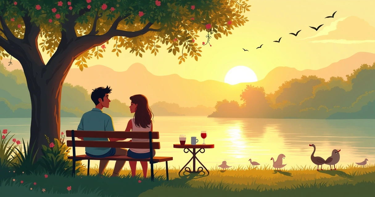 Casal conversando em um parque durante o pôr do sol, simbolizando amor e compreensão em relacionamentos.